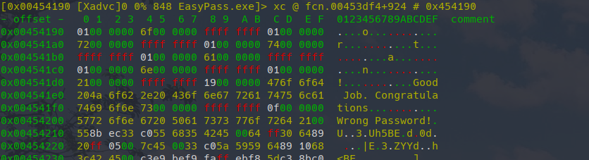 If we scroll up a bit, we can see in the hexdump another string. “Good job.“ sounds exactly like what we are looking for.